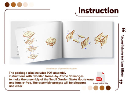 Opened manual showing 3D assembly instructions for a miniature laser cut plywood fairy house with numbered part diagrams.