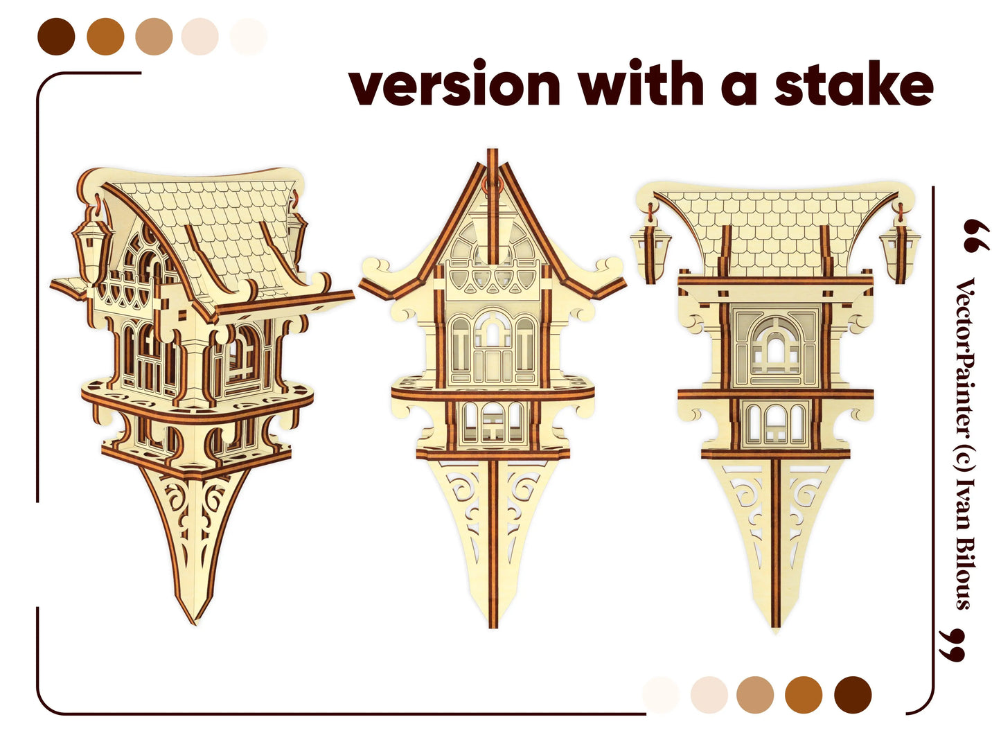 Detailed views of a laser cut plywood fairy house model attached to a decorative stake, ready for garden or pot display.