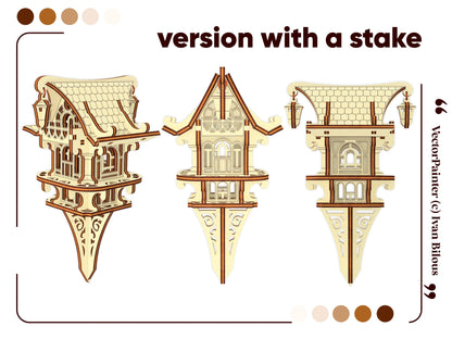 Detailed views of a laser cut plywood fairy house model attached to a decorative stake, ready for garden or pot display.