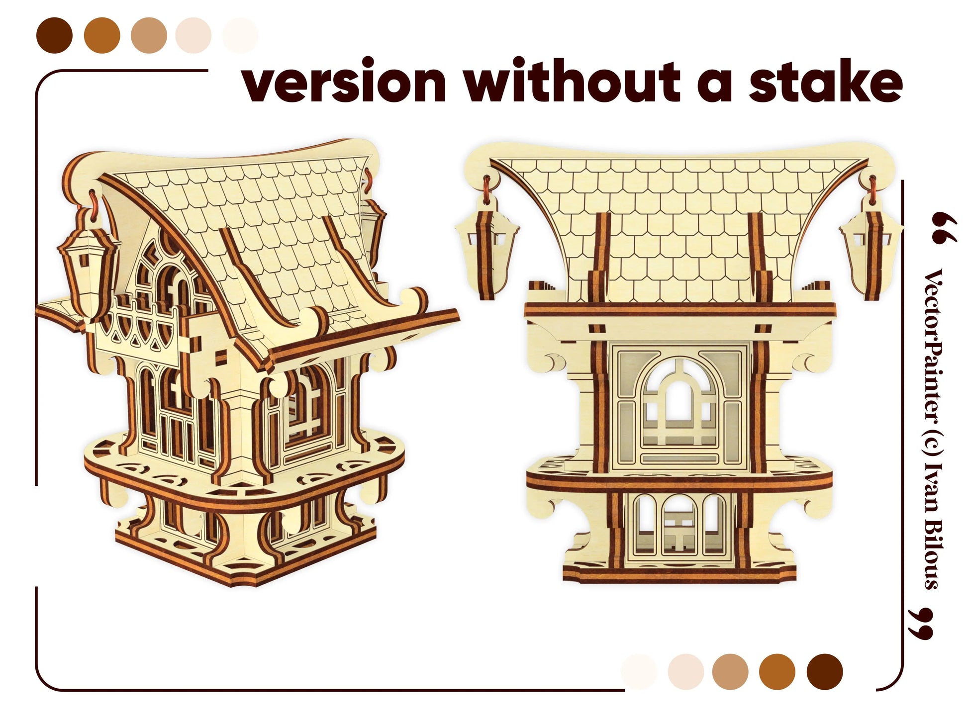 Two views of an intricate laser cut plywood fairy house standing on a flat base, designed for shelves or table decor.
