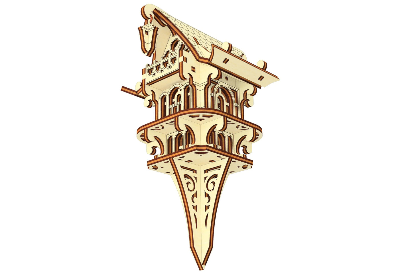 Angled perspective of an assembly-ready laser cut plywood fairy house model, highlighting layered wood construction