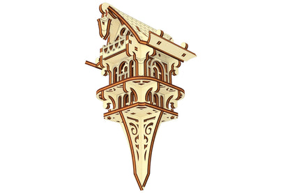 Angled perspective of an assembly-ready laser cut plywood fairy house model, highlighting layered wood construction