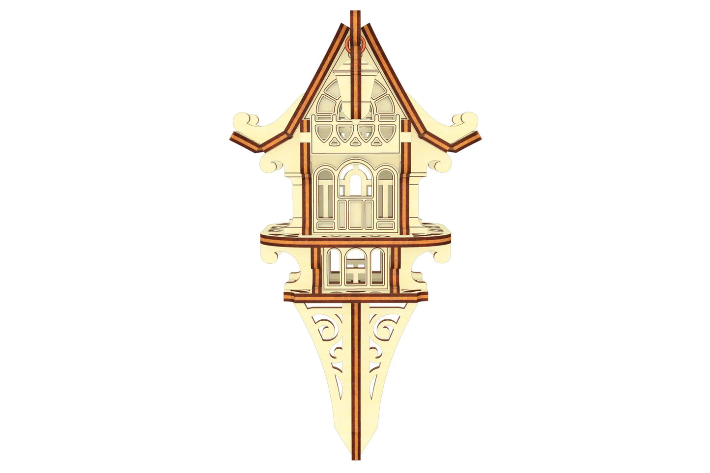 Flat-front design of a whimsical garden stake house, showing precise laser cut plywood architecture and fine details.