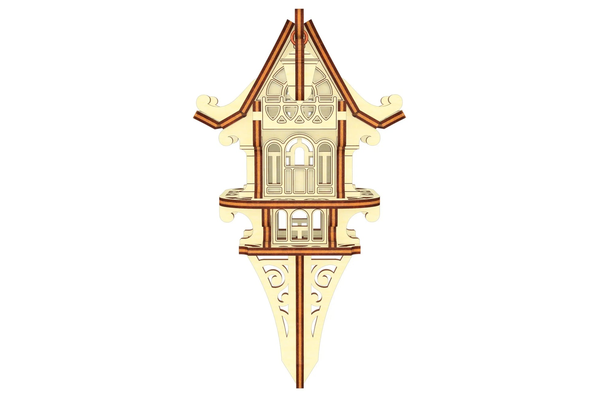 Flat-front design of a whimsical garden stake house, showing precise laser cut plywood architecture and fine details.