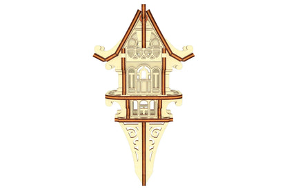 Flat-front design of a whimsical garden stake house, showing precise laser cut plywood architecture and fine details.