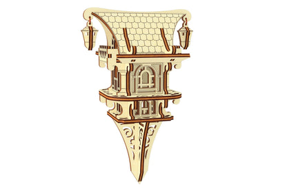 Elegant fairy garden stake house model, intricate laser cut plywood design with hanging lanterns for outdoor decor.