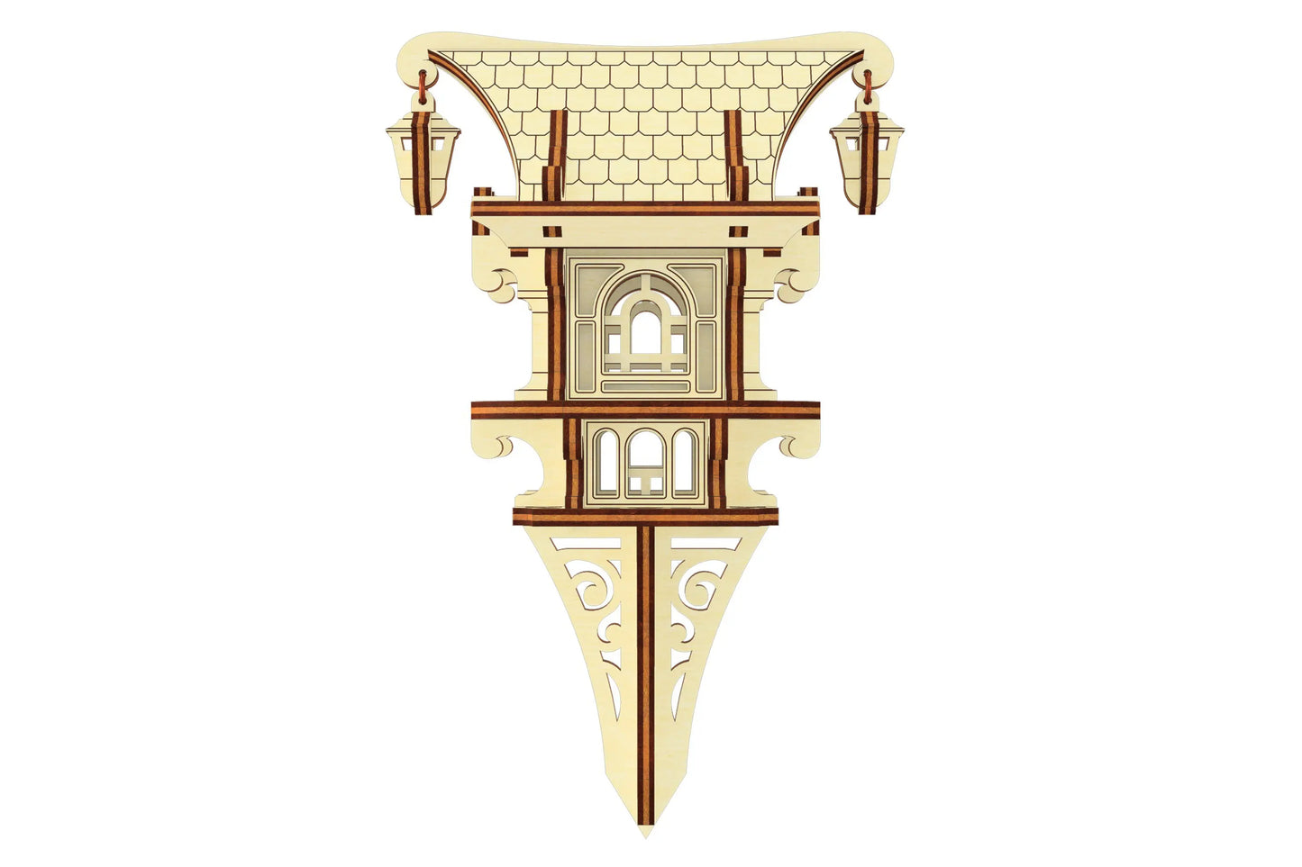 Front view of a detailed fairy house model made from laser cut plywood, featuring arched windows and decorative trim.