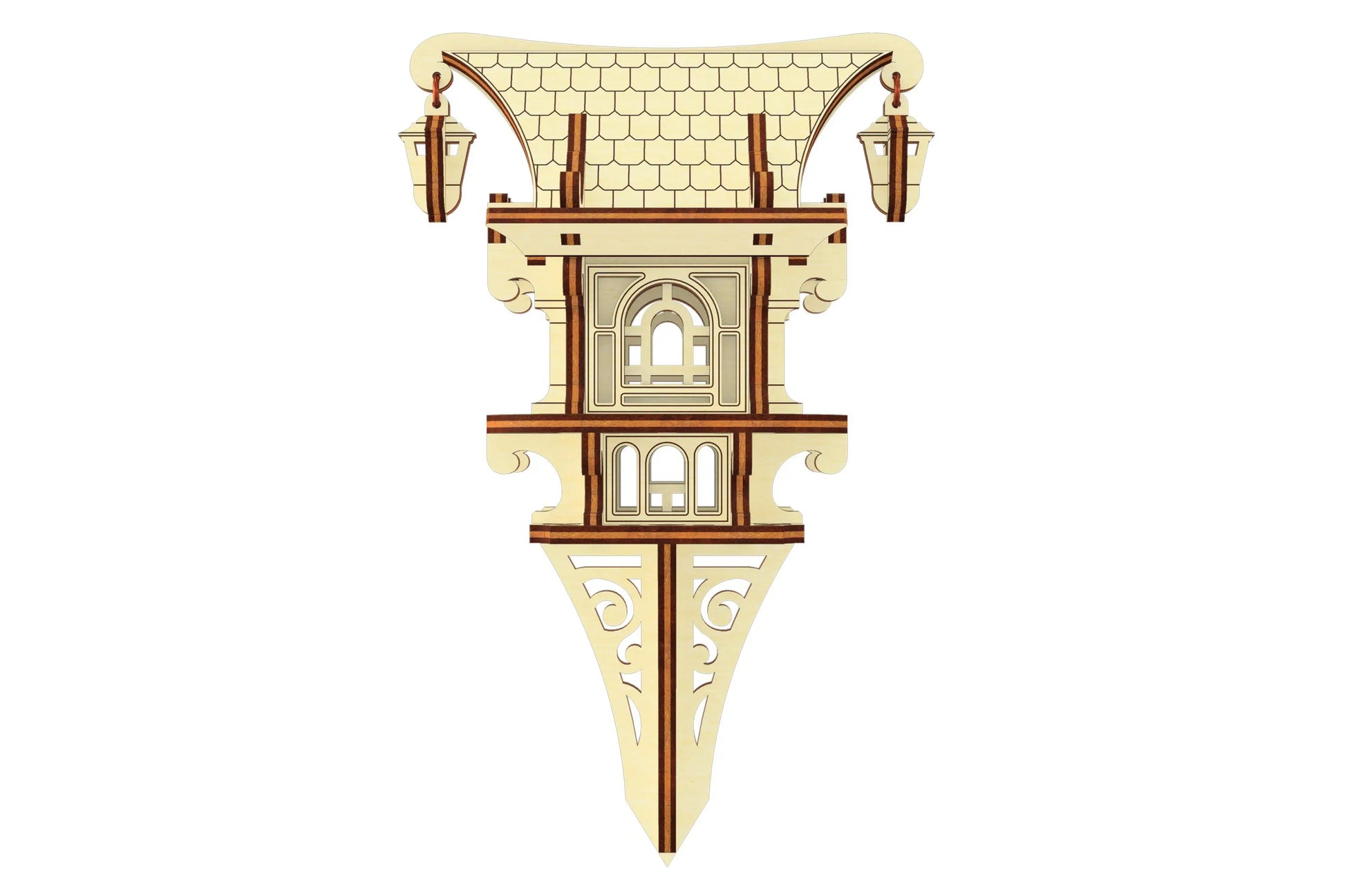 Front view of a detailed fairy house model made from laser cut plywood, featuring arched windows and decorative trim.