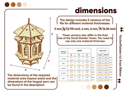 Size chart for laser cut plywood garden tower, showing 5 versions for material thicknesses from 3mm to 1/4 inch.