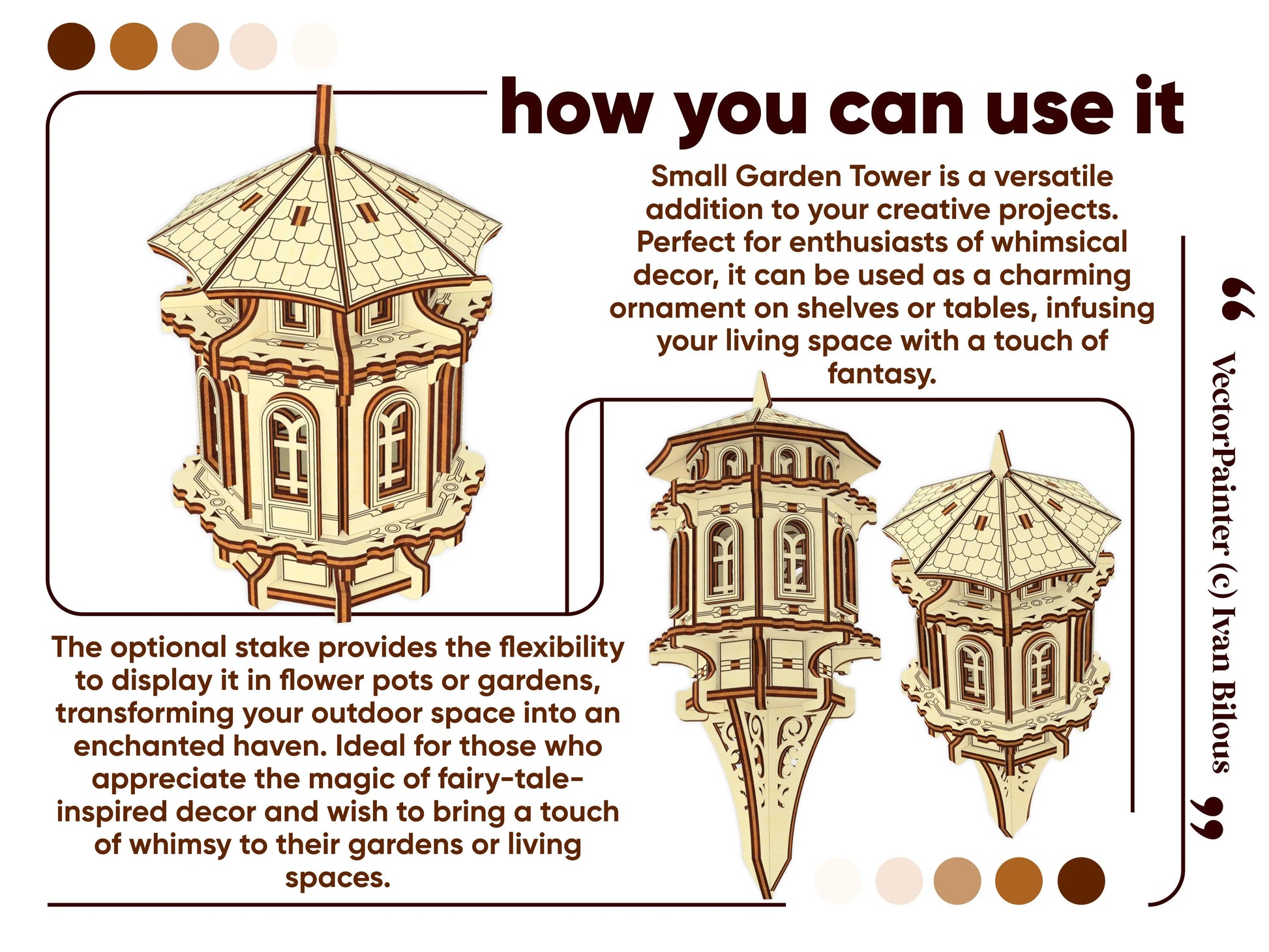 Decor tips for a laser cut plywood tower, shown with a stake for potted plants or as a home shelf ornament.