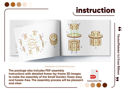 PDF instruction guide for assembling a laser cut plywood garden tower, featuring detailed step-by-step 3D diagrams.
