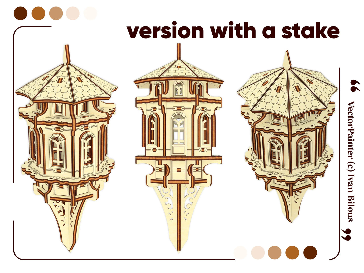 Laser cut plywood garden tower model featuring a decorative stake, ideal for garden beds or potted plants.
