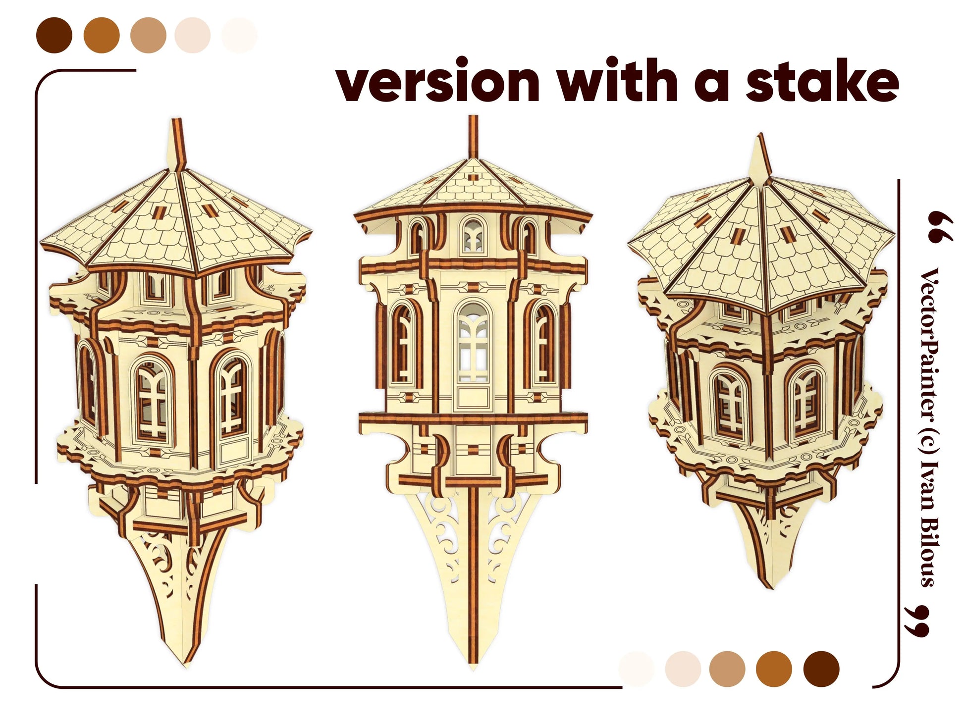 Laser cut plywood garden tower model featuring a decorative stake, ideal for garden beds or potted plants.