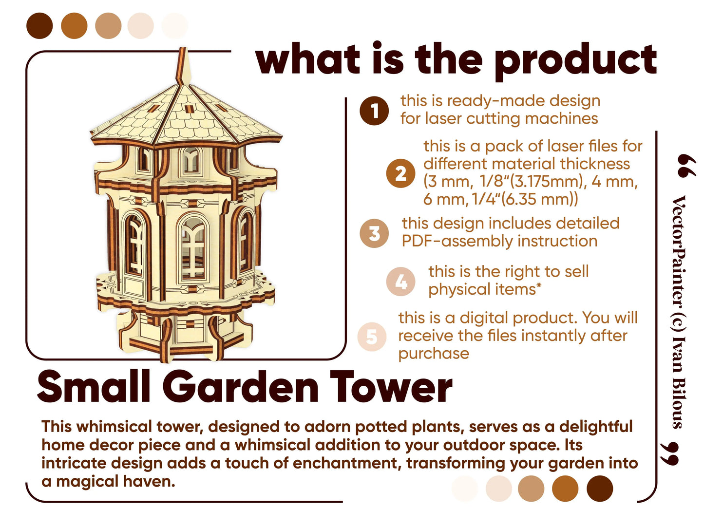 Overview of digital laser cut plywood files for a garden tower, includes assembly guide and commercial sale rights.
