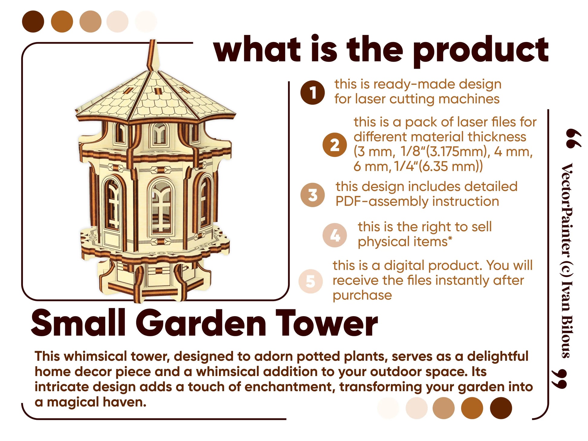 Overview of digital laser cut plywood files for a garden tower, includes assembly guide and commercial sale rights.