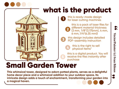 Overview of digital laser cut plywood files for a garden tower, includes assembly guide and commercial sale rights.