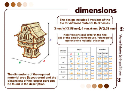 Size guide for laser cut plywood gnome house design, showing 5 versions for material thicknesses from 3mm to 1/4 inch.