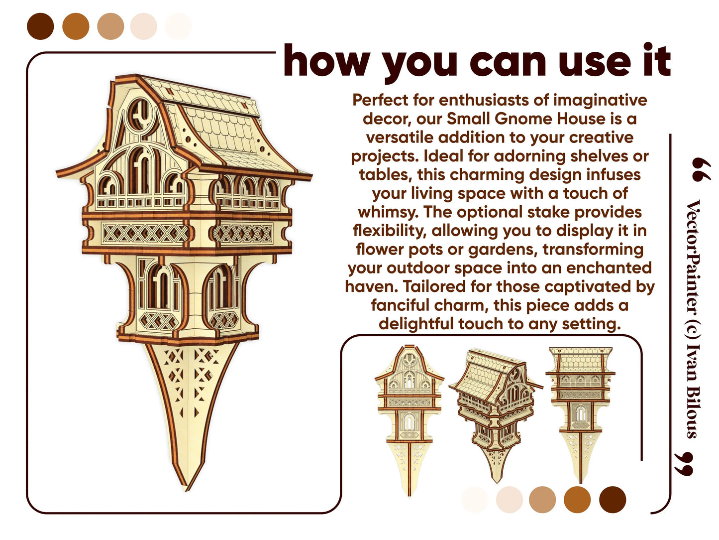 Decor ideas for laser cut plywood gnome house, showing garden stake version for potted plants and home shelf display.