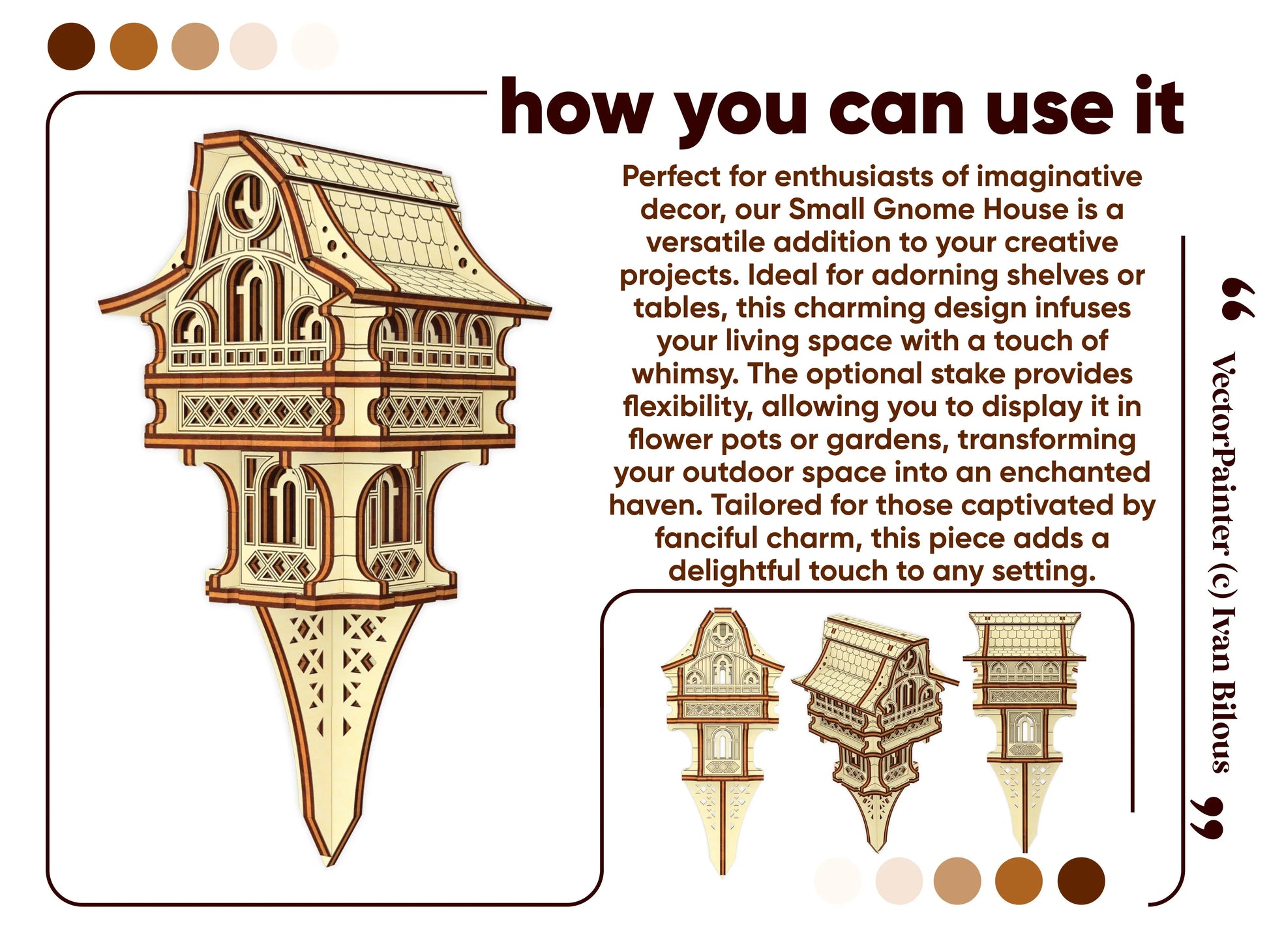 Decor ideas for laser cut plywood gnome house, showing garden stake version for potted plants and home shelf display.