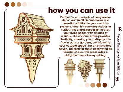 Decor ideas for laser cut plywood gnome house, showing garden stake version for potted plants and home shelf display.
