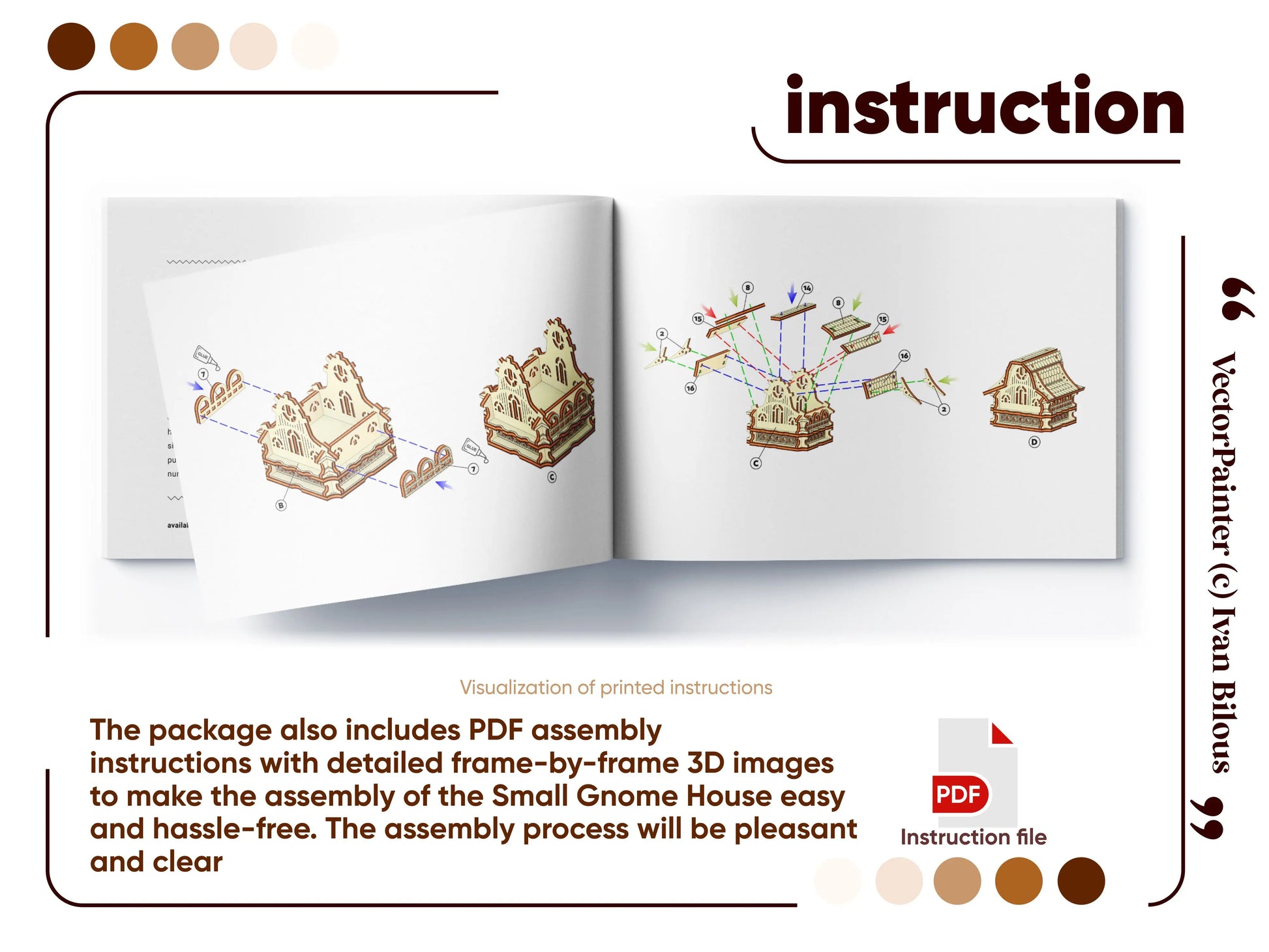 Digital PDF instruction manual for assembling a laser cut plywood gnome house, featuring step-by-step 3D diagrams.