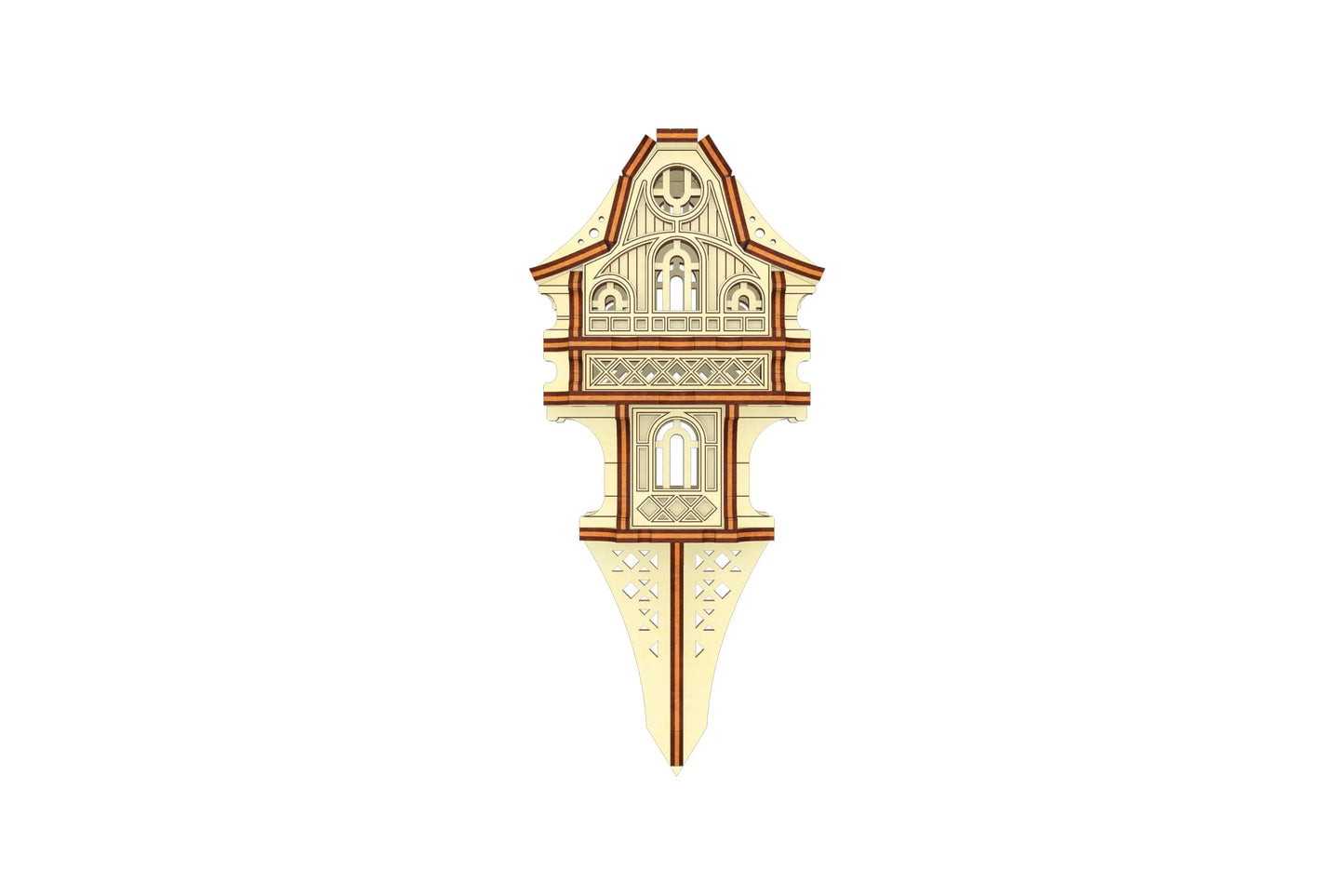 Digital design file preview for a laser cut plywood house on a stake, showing the precise cutout geometry.