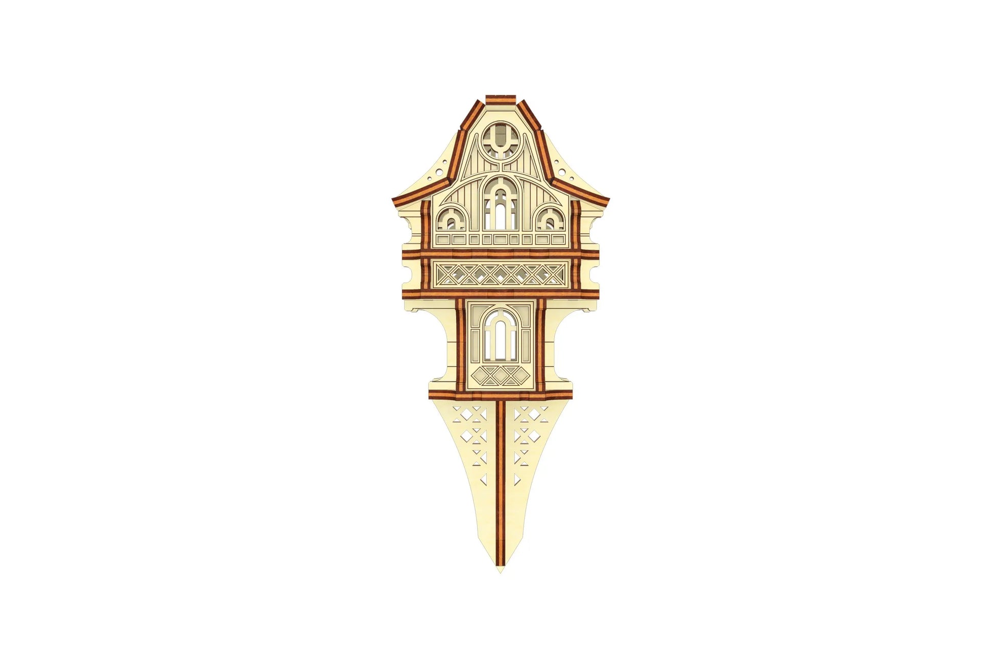 Digital design file preview for a laser cut plywood house on a stake, showing the precise cutout geometry.