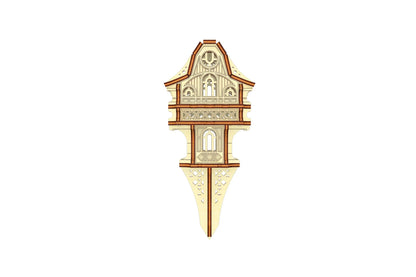 Digital design file preview for a laser cut plywood house on a stake, showing the precise cutout geometry.