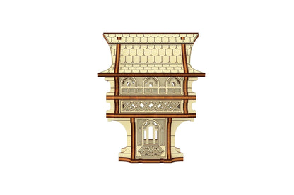 Front-facing design rendering of a laser cut plywood house, highlighting the roof and balcony patterns.