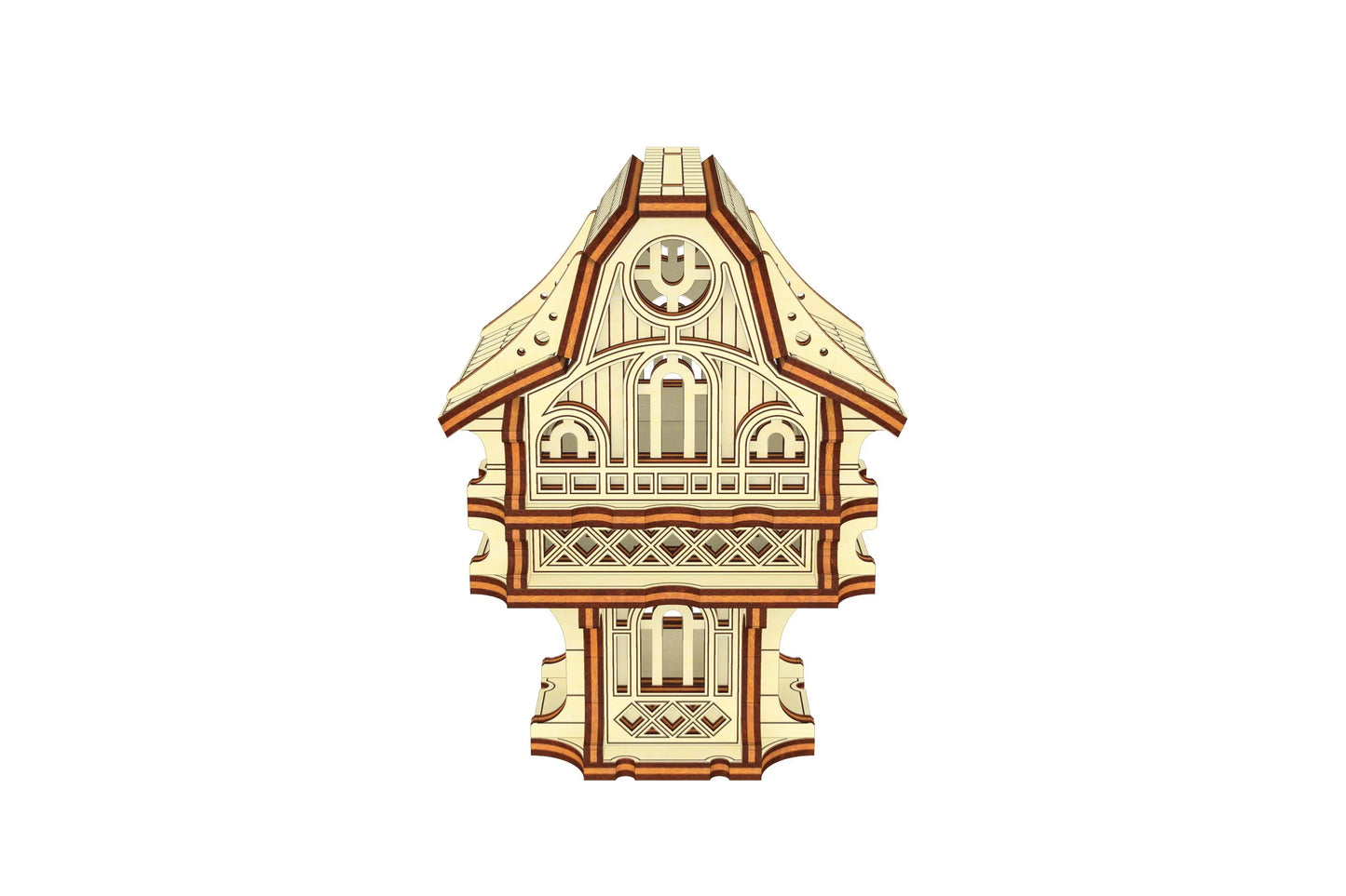 Clean digital rendering of a finished laser cut plywood house model, showcasing its architectural proportions.
