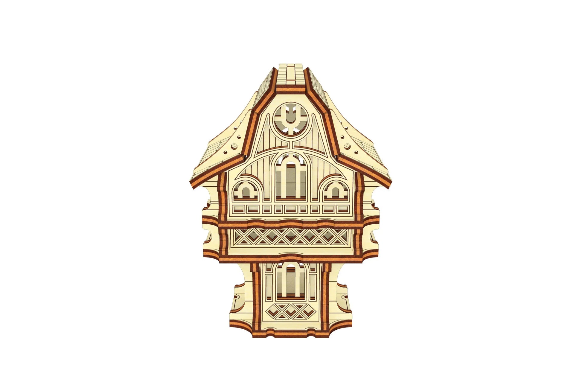Clean digital rendering of a finished laser cut plywood house model, showcasing its architectural proportions.