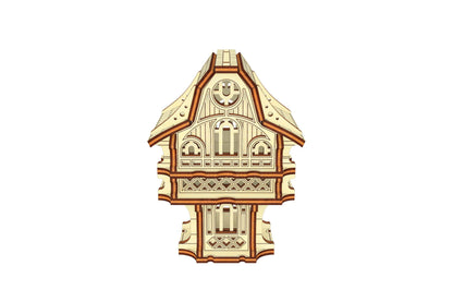 Clean digital rendering of a finished laser cut plywood house model, showcasing its architectural proportions.