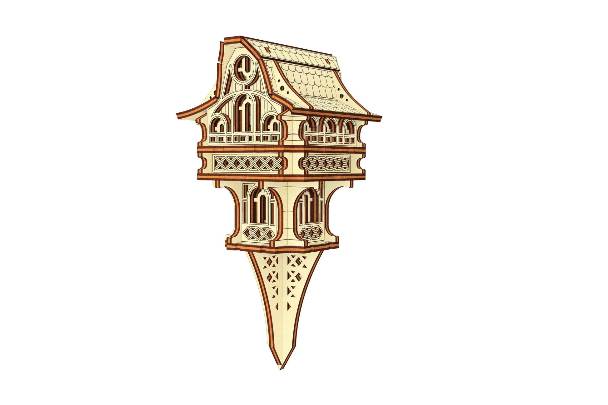 Perspective rendering of a laser cut plywood gnome house on a stake, ready for CNC laser machine cutting.