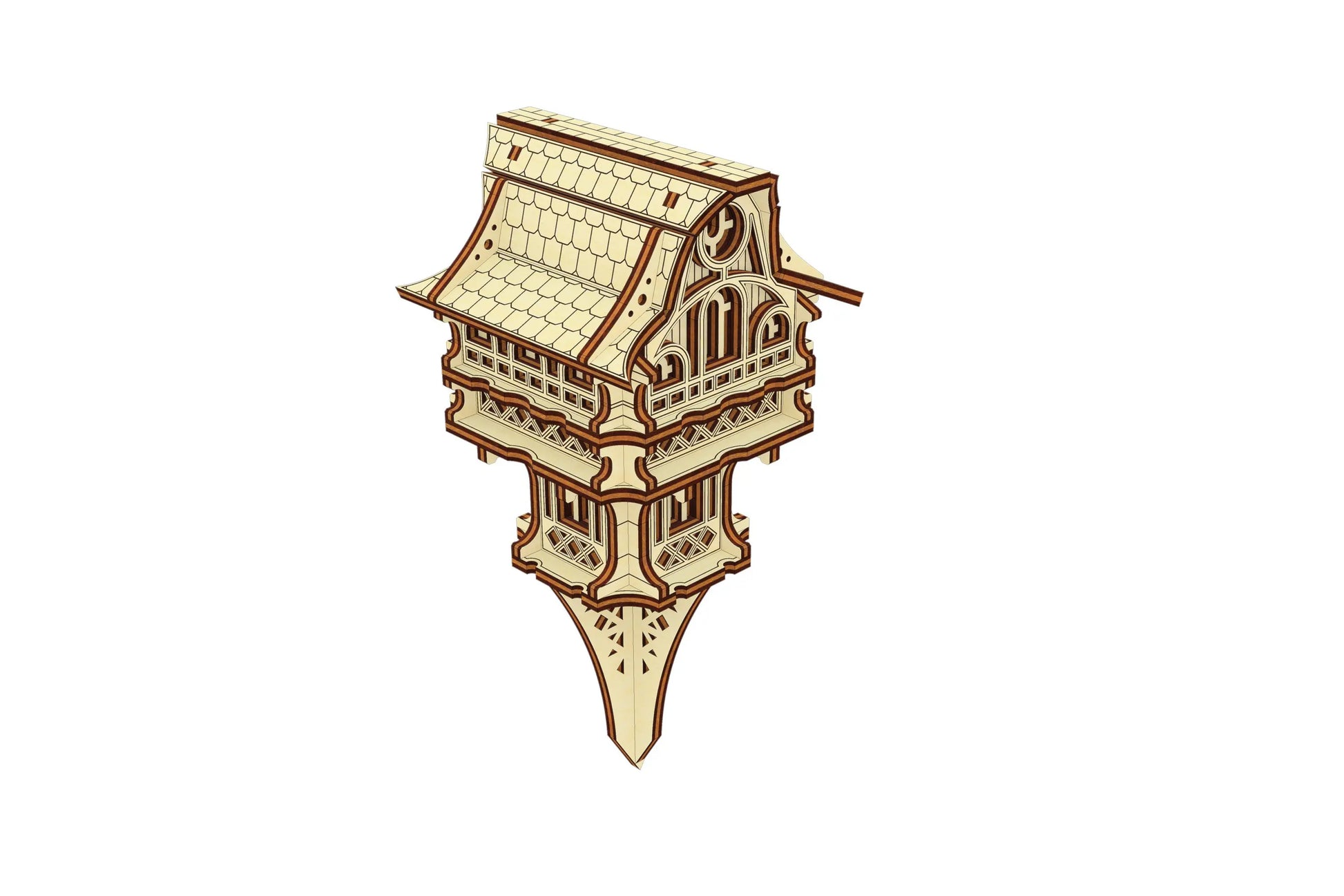 Isometric view of a laser cut plywood gnome house with an integrated garden stake for plant pot decoration.