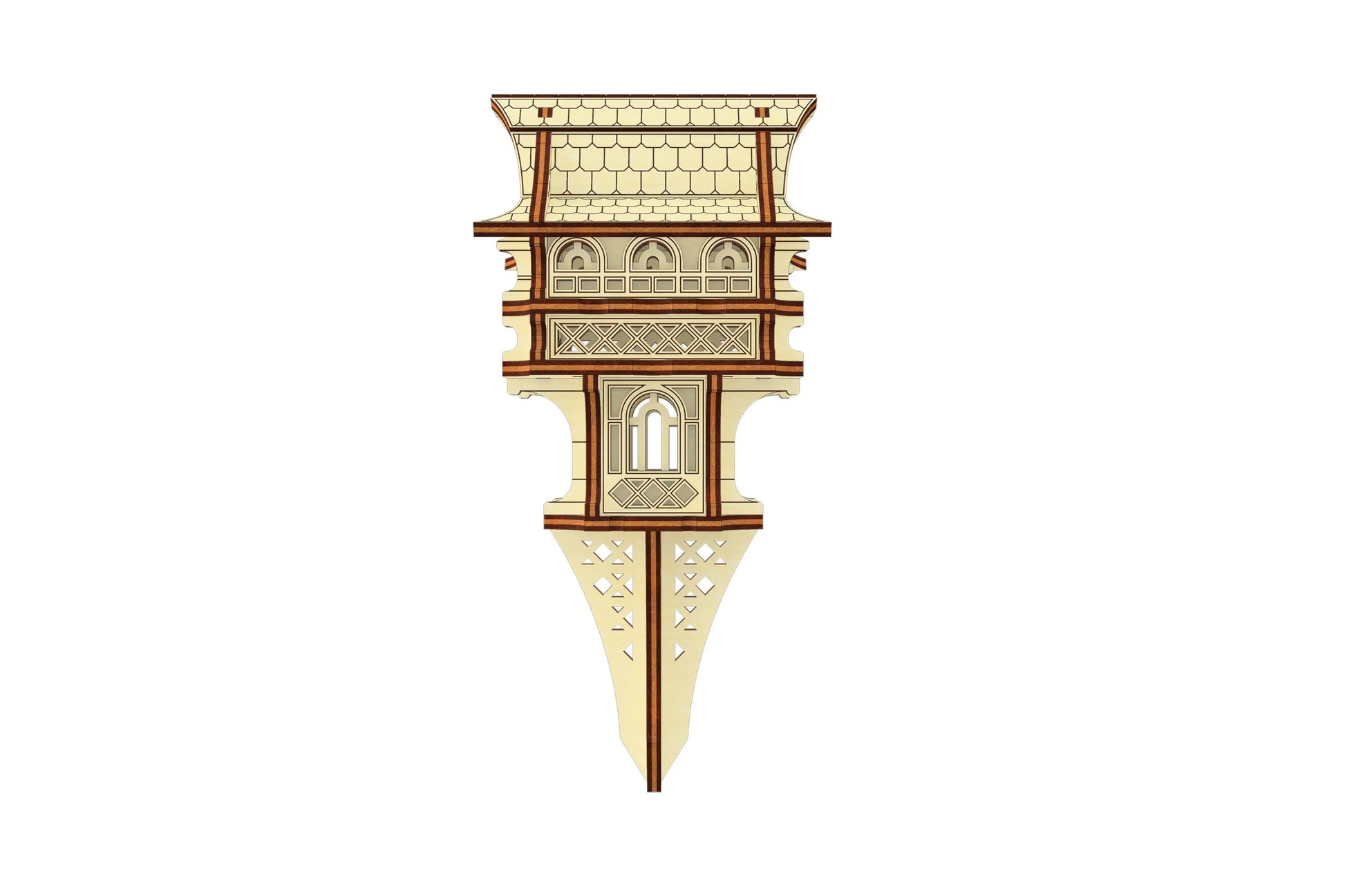 Flat-view design of a laser cut plywood house model on a stake, showing the decorative base and balcony structure.