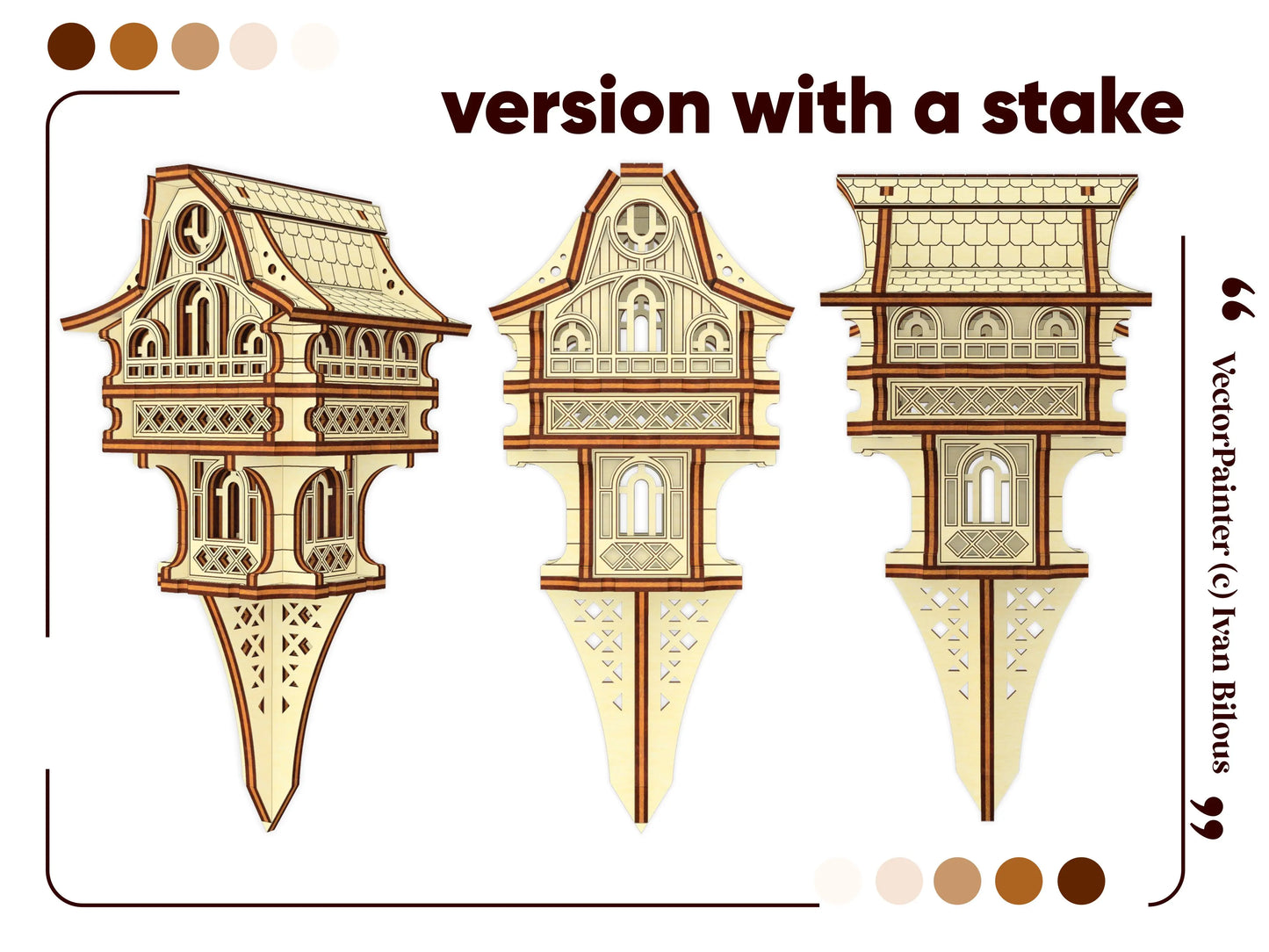 Laser cut plywood gnome house design variation featuring an integrated garden stake for outdoor or garden decoration.