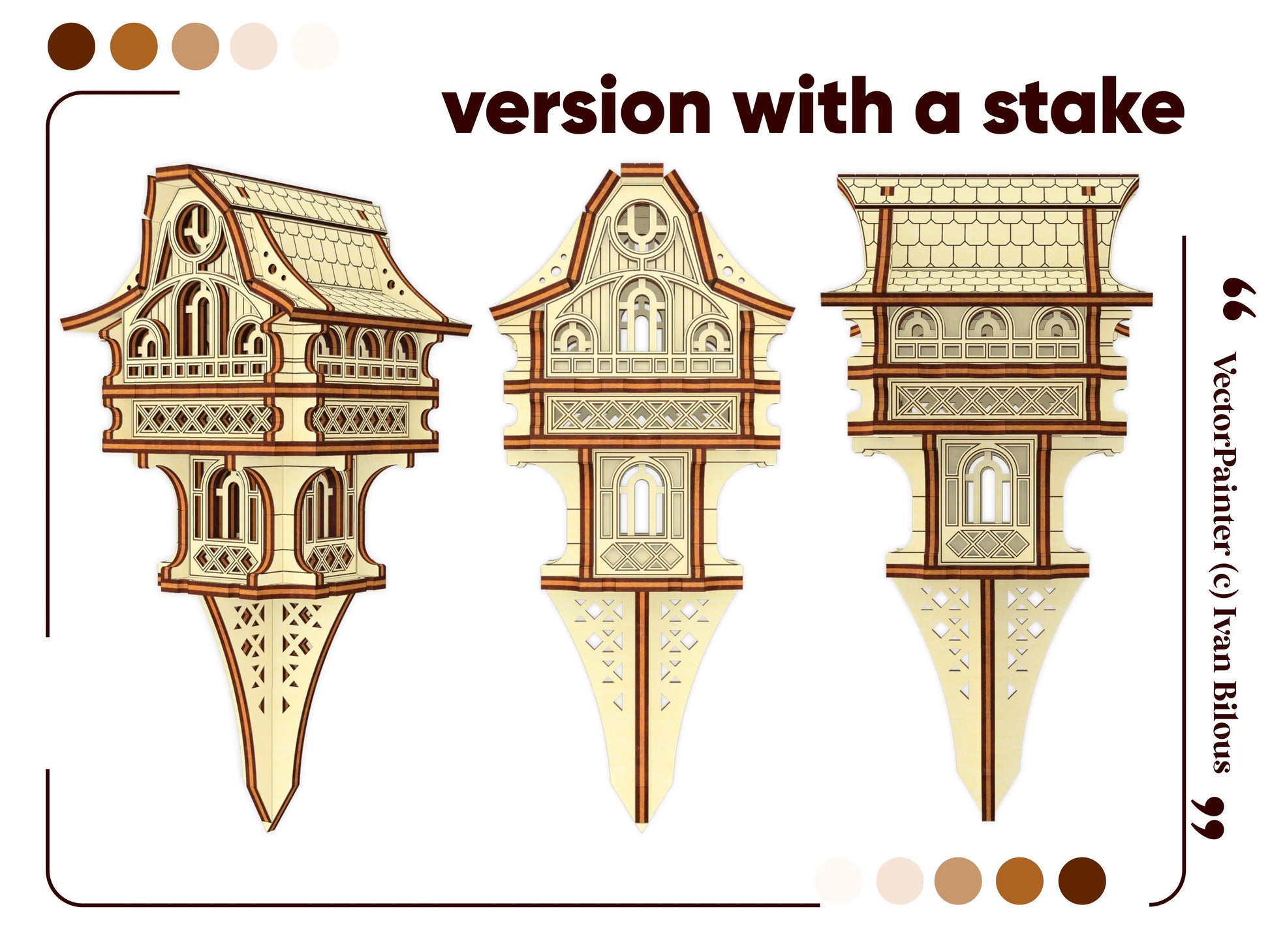 Laser cut plywood gnome house design variation featuring an integrated garden stake for outdoor or garden decoration.