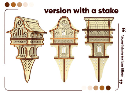 Laser cut plywood gnome house design variation featuring an integrated garden stake for outdoor or garden decoration.