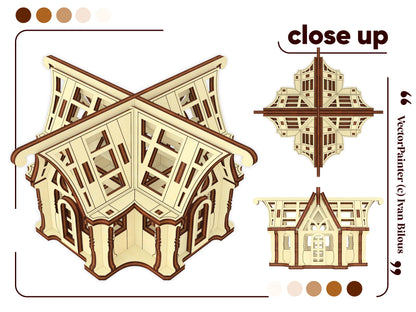 Detailed close-up render showing intricate gothic windows and roof frame of a mini laser cut plywood conservatory model.