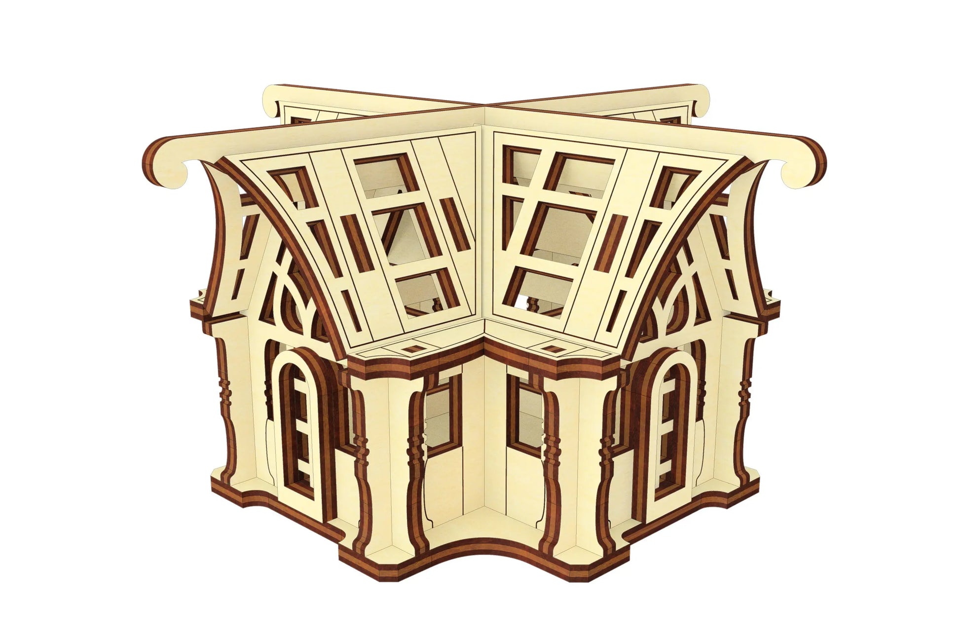 Three-quarter render view of a miniature cross-shaped greenhouse model built from flat laser cut plywood panels.