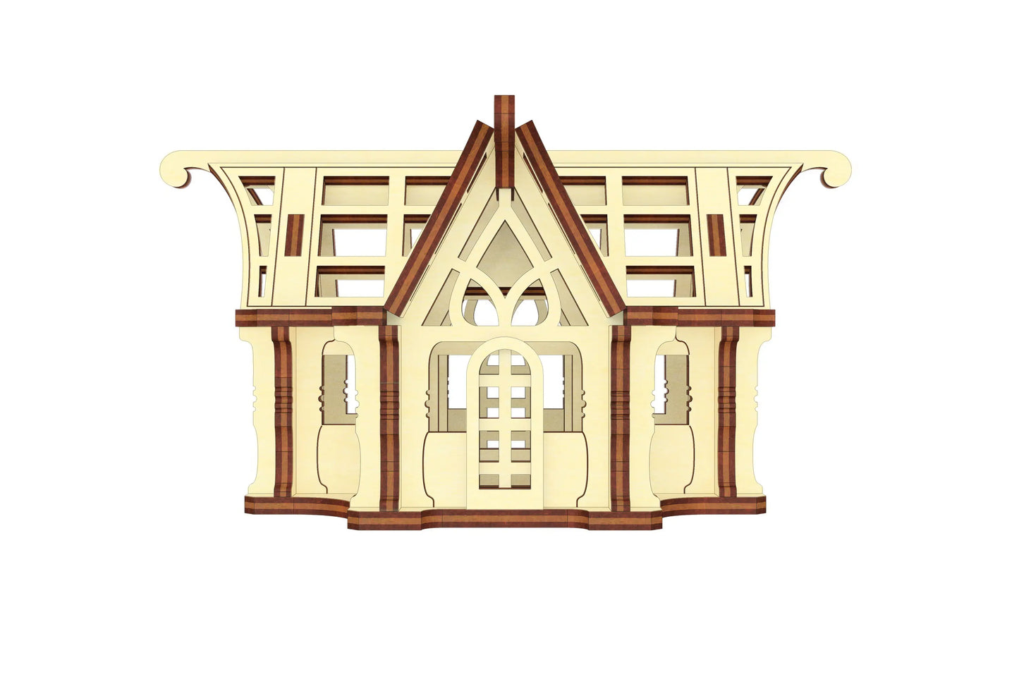 Three-quarter studio view of a traditional greenhouse prototype model crafted out of interlocking laser cut plywood.