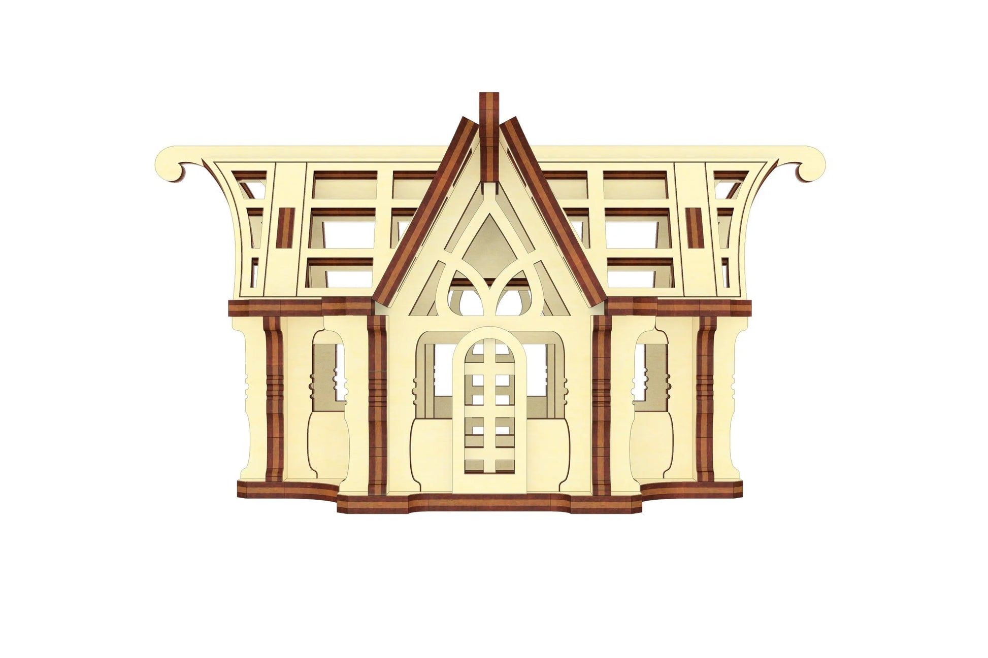 Three-quarter studio view of a traditional greenhouse prototype model crafted out of interlocking laser cut plywood.