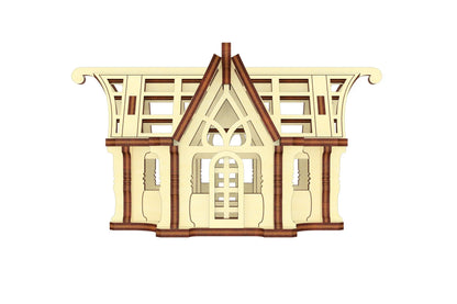 Three-quarter studio view of a traditional greenhouse prototype model crafted out of interlocking laser cut plywood.