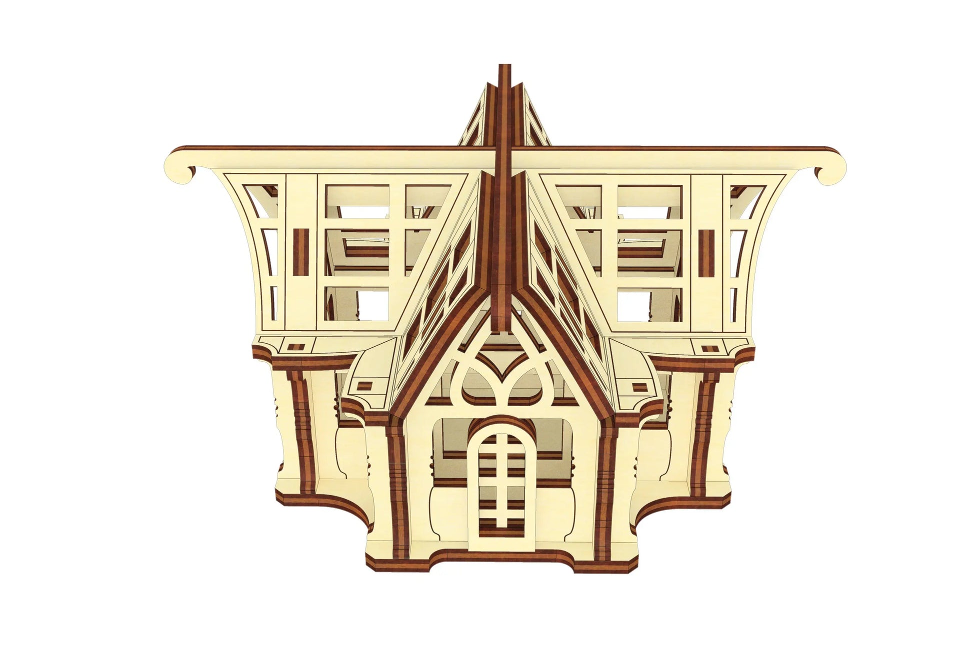 Straight low-angle view of a decorative courtyard glasshouse puzzle model kit built of fine laser cut plywood sheet.