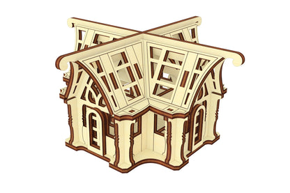 High-angle isometric view of a multi-layered miniature conservatory project made of white laser cut plywood fragments.