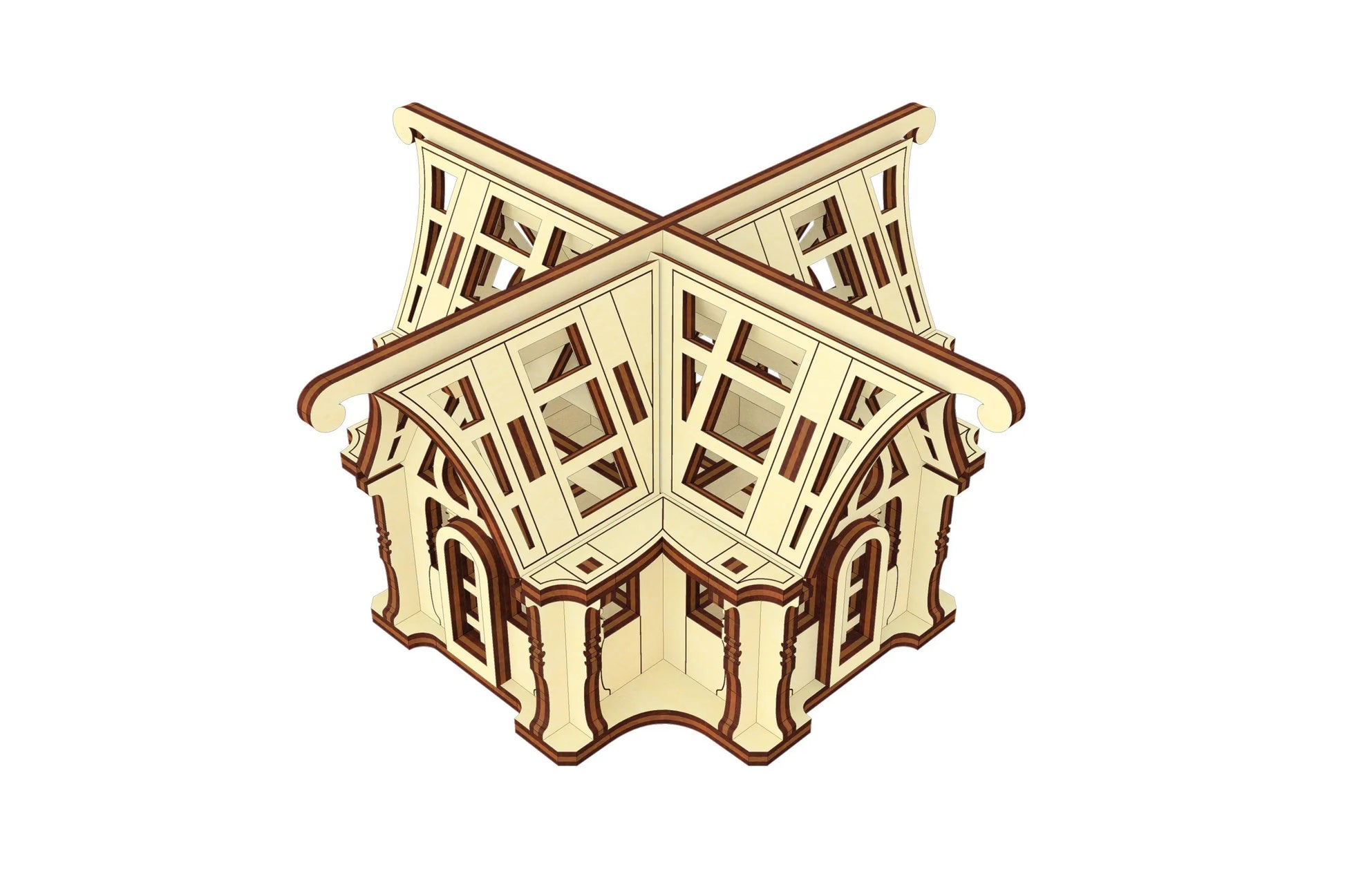 Symmetrical side look of a 3D mini botanical conservatory structure assembled using flat laser cut plywood panels.