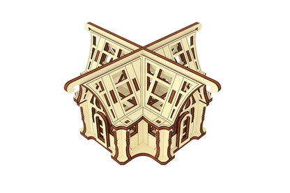 Symmetrical side look of a 3D mini botanical conservatory structure assembled using flat laser cut plywood panels.