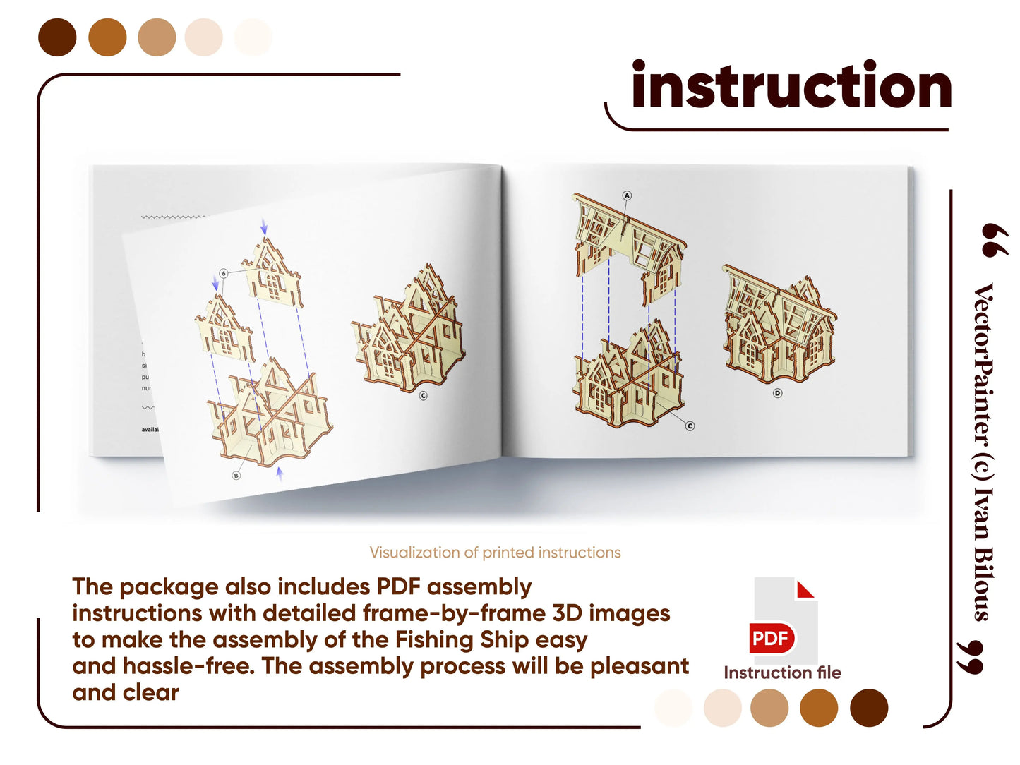 Open instruction book displaying digital 3D assembly manual diagrams for a laser cut plywood botanical greenhouse.
