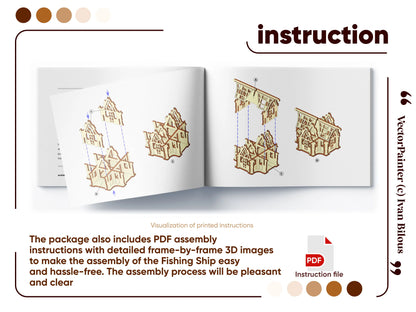 Open instruction book displaying digital 3D assembly manual diagrams for a laser cut plywood botanical greenhouse.