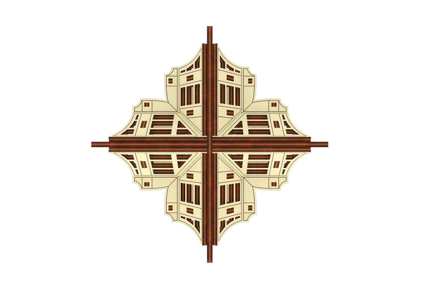 Symmetrical front view of a miniature cross-shaped greenhouse architectural model made from clean laser cut plywood.